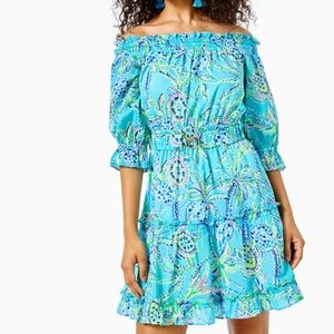 Lilly Pulitzer Sz L Louisa Off-the-Shoulder Dress- Bermuda Blue Turtle